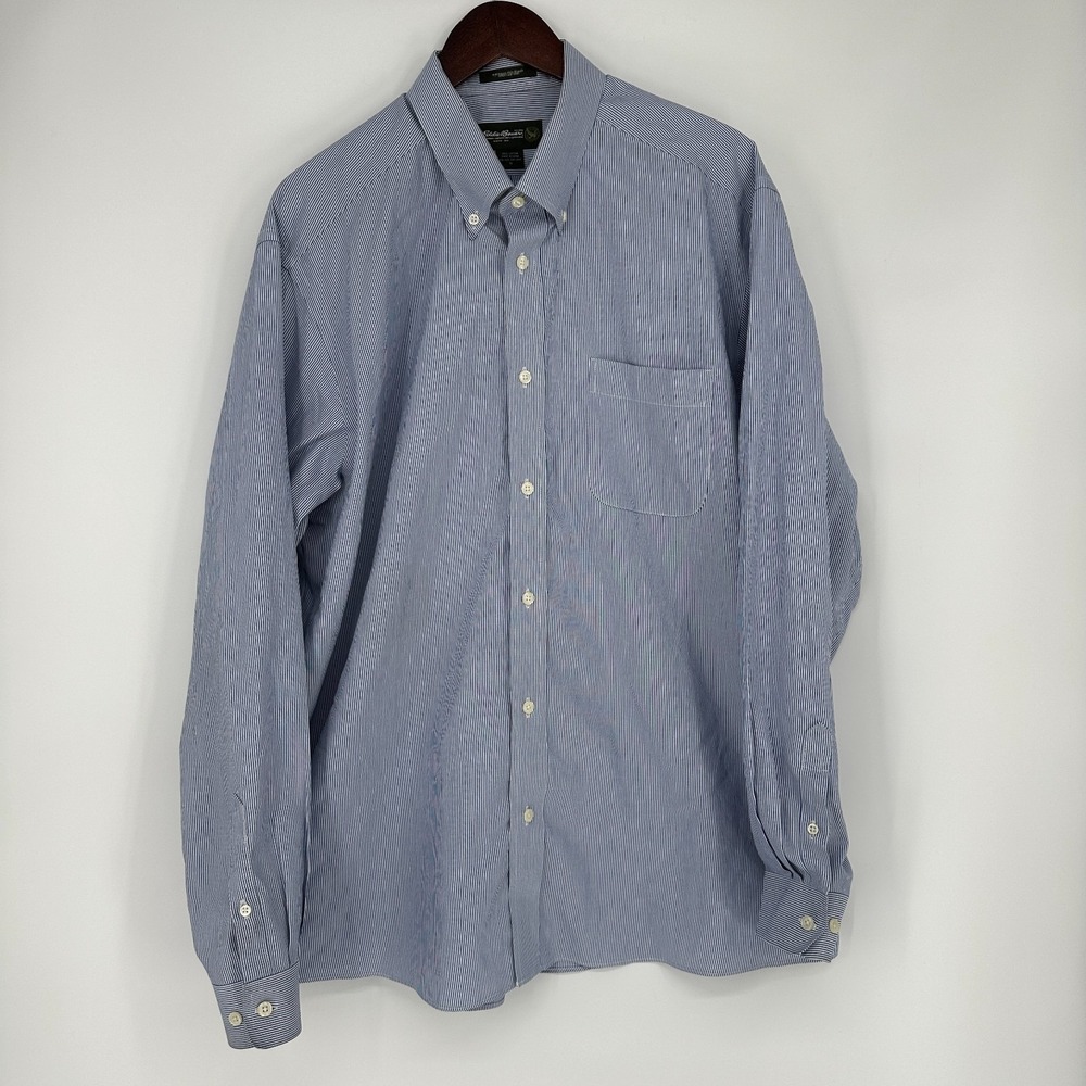 Eddie Bauer Cotton Relaxed Wrinkle Resistent Button Up Shirt XL Blue Striped